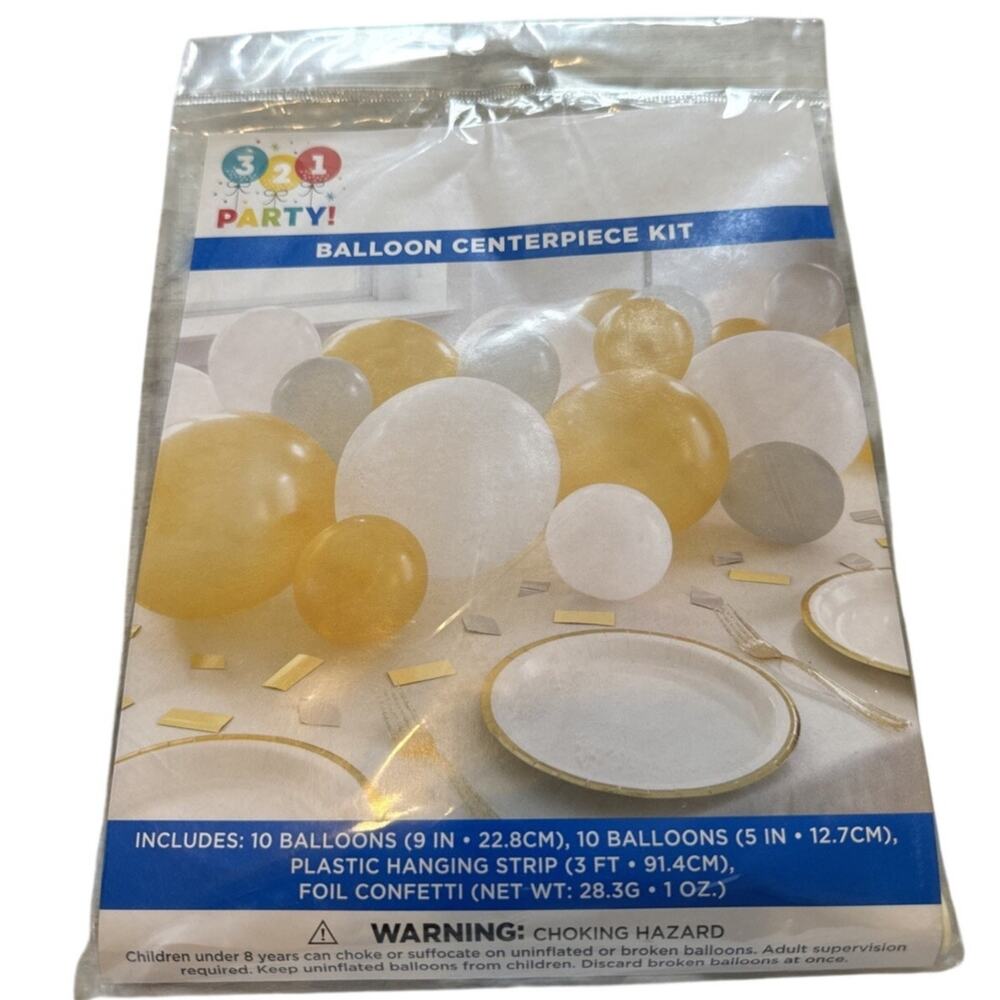321 Party Balloon Centerpiece Kit – White, Gold & Gray with Foil Confetti – New